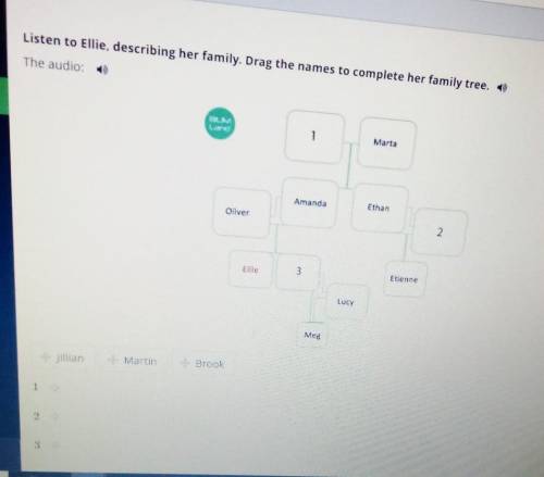 Listen to Ellie, describing her family. Drag the names to complete her family tree. The audio:1Marta
