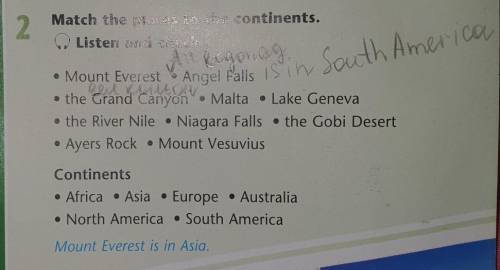 Тебе нужно написать, что где находится. 1 Mount Everest Asia2 Angel Falls South America3 The Grand C