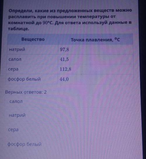 Определи, какие из предложенных веществ можно расплавить при повышении температуры от комнатной до 9