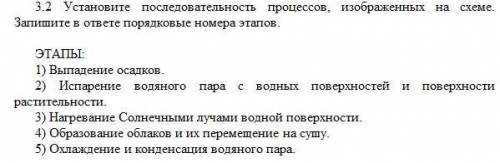 Установите последовательность процессов круговорота воды в природе.