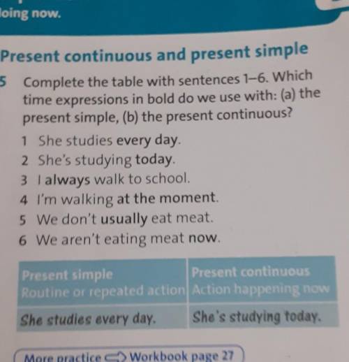 Present continuous and present simple 5 Complete the table with sentences 1-6. Whichtime expressions