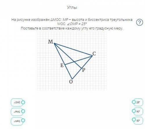 На рисунке изображён ∆MOC: MP – высота и биссектриса треугольника MOC. ∠OMP = 25° Поставьте в соотве