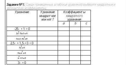 Среди приведенных в таблице уравнений выберите квадратные и запишите их коэффициенты. Уравнение-25х