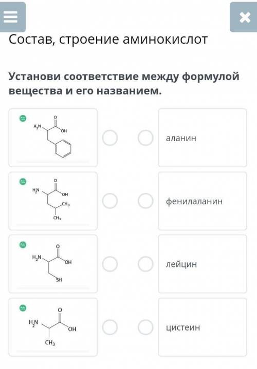 Установи соответствие между формулой вещества и его названием. ￼￼аланинфенилаланинлейцинцистеинНазад