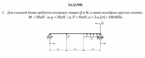 Для стабильной балки требуется построить эпюр Q и М, а также подобрать круглое сечение.