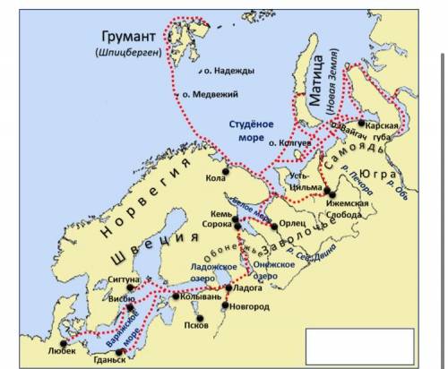 Определите, чей маршрут путешествия показан на карте Новгородцев Ивана Москвитина