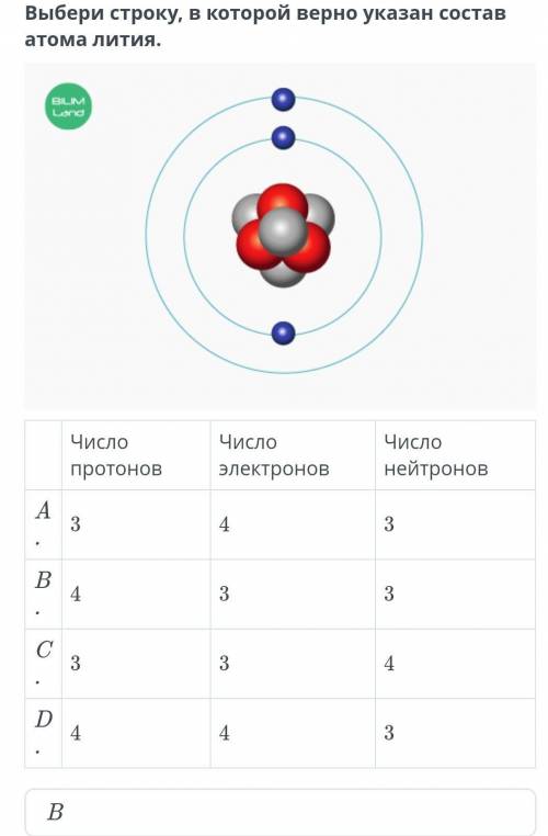 Выбери строку, в которой верно указан состав атома лития. ￼Число протоновЧисло электроновЧисло нейтр