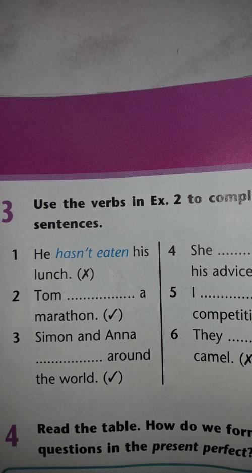Ex 3. Use the verbs in Ex. 2 to complete the sentences. 1. He hasn't eaten his lunch.2. Tom a marat