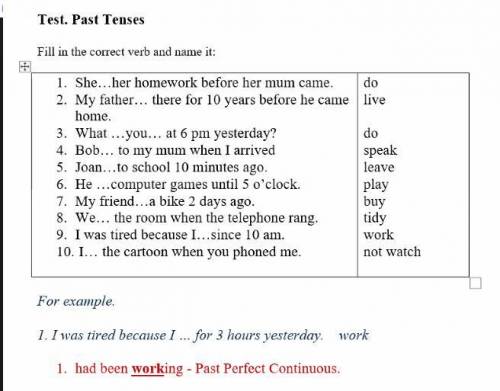 PAST TENSES 1. She. her homework before her mum came. | do2. My father. there for 10 years before he