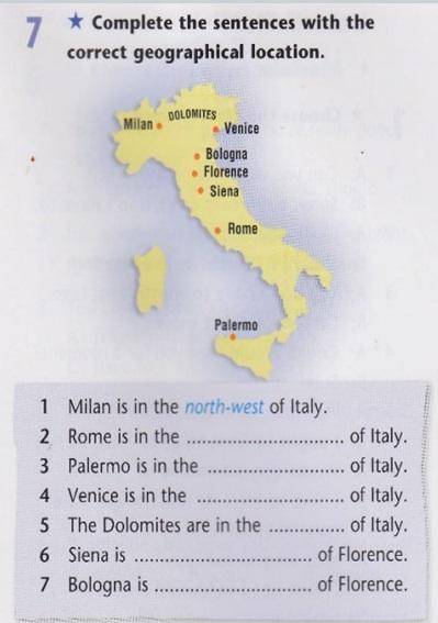 Complete the sentences with the correct geographical location. Пример: Milan is in the north-west of