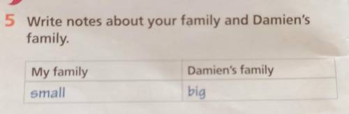 5 Write notes about your family and Damien's дам 50 боллов familyMy familysmallDamien's familybig​