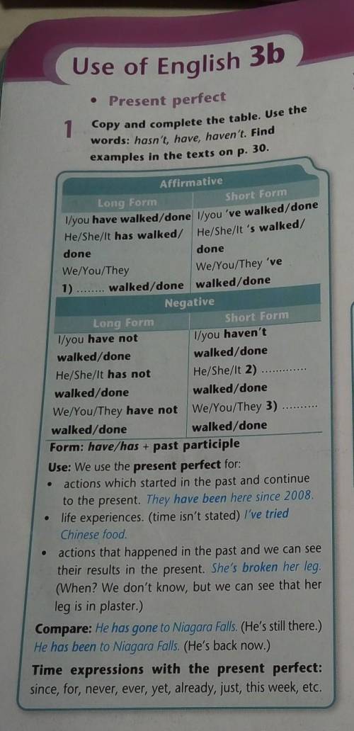 Use of English 3b • Present perfect1 Copy and complete the table. Use thewords: hasn't, have, haven'