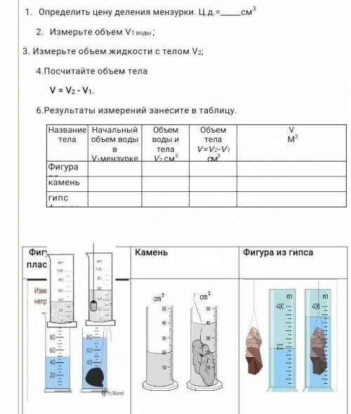 определить цену деления мензурки изменить объем V1 воды изменить объём жидкости с телом V2 Прочитайт