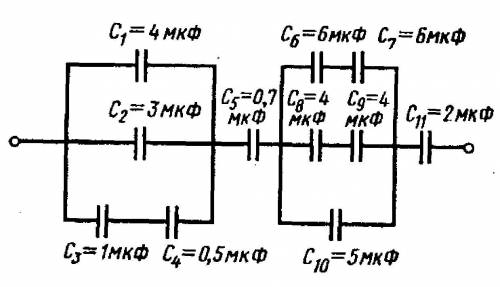 Определите емкость батареи конденсаторов, соединенных так, как показано на рисунке