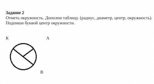 Отметь окружность заполни таблицу радиус диаметр окружность Подпиши буквы центр окружности​