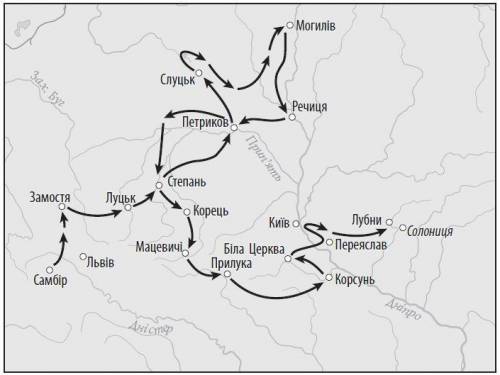 На картосхеме обозначено направление походов казацко-крестьянского войска во время восстания: A) К.