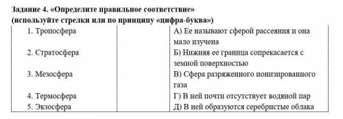 Определите правильное соответствие (используйте стрелки или по принципу «цифра-буква»)1. Тропосфера