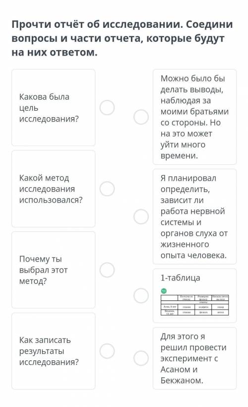 Прочти отчёт об исследовании. Соедини вопросы и части отчета, которые будут на них ответом.​