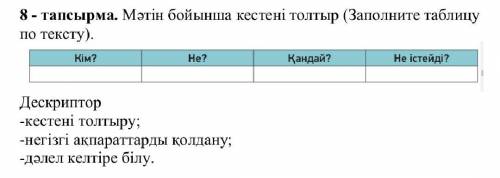 Казахский язык: 8 - тапсырма. Мәтін бойынша кестені толтыр (Заполните таблицу по тексту). Дескриптор