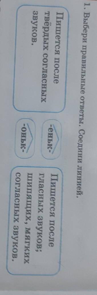1. Выбери правильные ответы. Соедини линией. -еньк-Пишется послетвёрдых согласныхзвуков.Пишется посл