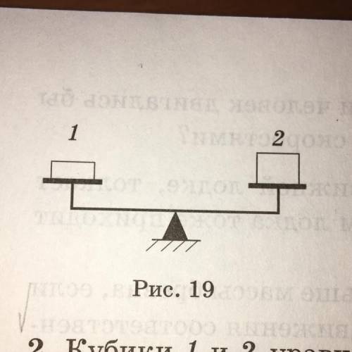 Кубики 1 и 2 уравновешены на чашках весов (рис.19.) Одинаковы ли плотности веществ,из которых сделан