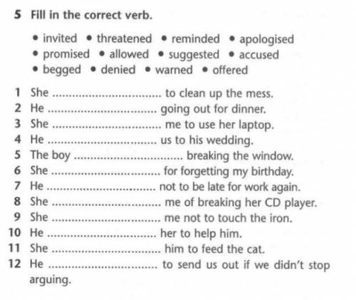 Fill in the correct verb invited, threatened, reminded, apologised, promised, allowed, suggested, ac