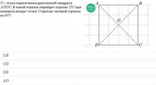 O – точка пересечения диагоналей квадрата ABDC. В какой отрезок перейдет отрезок DC при повороте вок