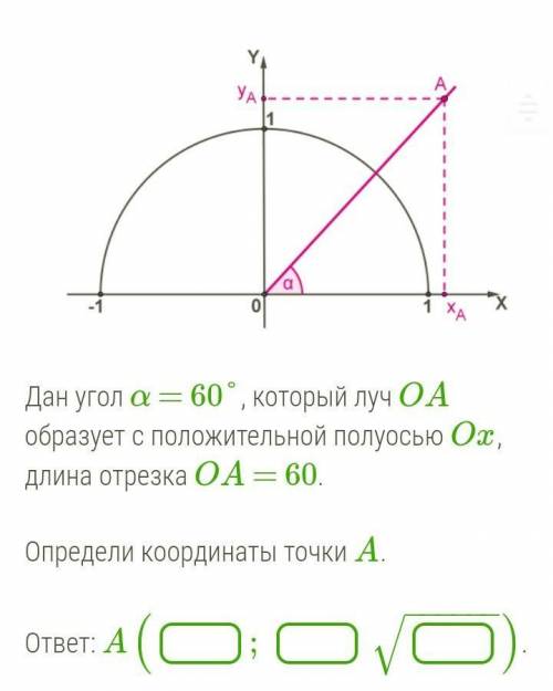 Дан угол α = 60°, который луч OA образует с положительной полуосью Ox, длина отрезка OA = 60. Опреде