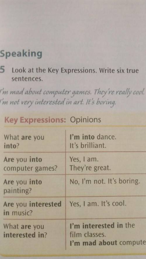 5 Look at the Key Expressions. Write six true sentences.I'm mad about computer games. They're really