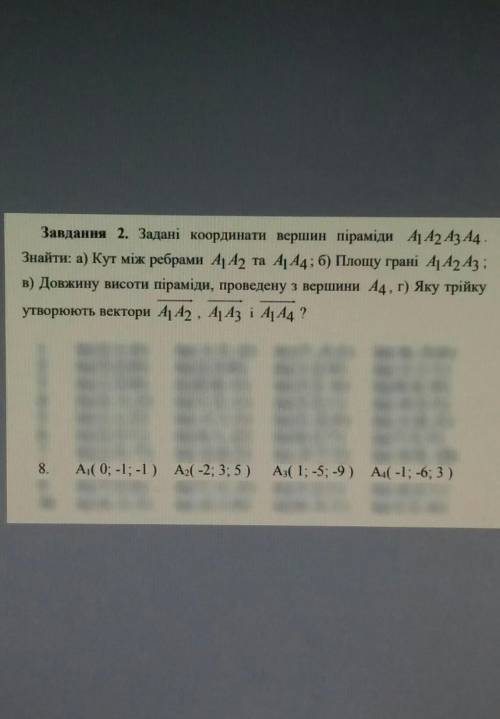 Задані координати вершин піраміди. Знайти кут між ребрами; площу грані; довжину висоти піраміди; яку