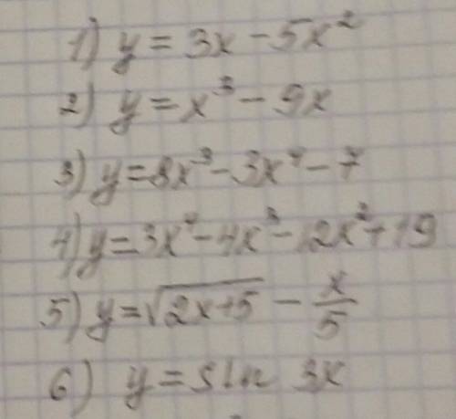 Найти точки экстремума и значения функции в этих точках 1)y=3x-5x^2 2)y=x^3-9x 3)y=8x^3-3x^4-7 4)y=3