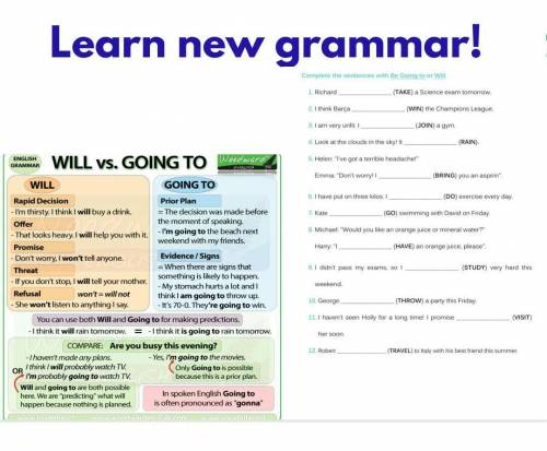 Learn new grammar!Complete the sentences with be going to or will