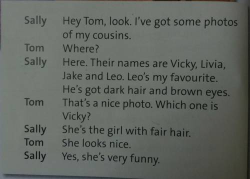 Sally Hey Tom, look. I've got some photos of my cousins.Tom Where?Sally Here. Their names are Vicky,