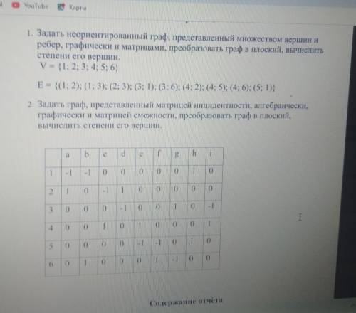 1. Задать неориентированный граф, представленный множеством вершин и ребер, графически и матрицами,