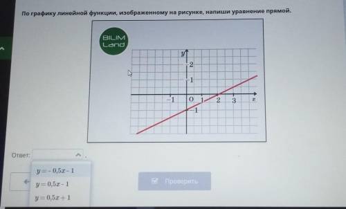 По графику линейной функции, изображенному на рисунке, напиши уравнение прямой. у = -0,5х–1y =0,5х–1