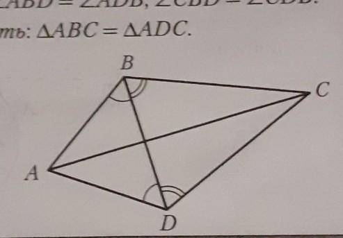 Дано: угол ABD = углу ADB, уголCBD = углуCDB.Доказать: треугольник АВС = треугольнику АDC.​