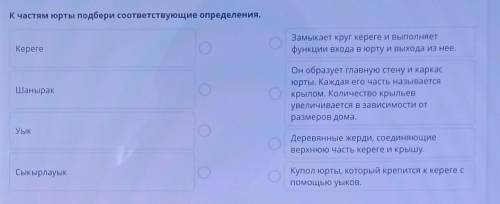 К частям юрты подбери соответствующие определения. КерегеЗамыкает круг кереге и выполняетфункции вхо