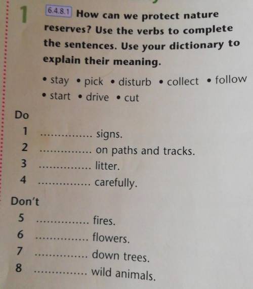 • stay • pick . disturb • collect • follow • start • drive • cutDo123signs.on paths and tracks. litt