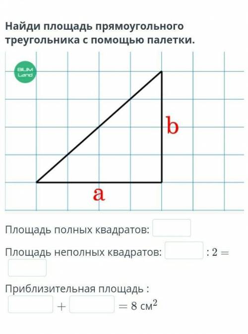 Найди площадь прямоугольного треугольника с палетки. Площадь полных квадратов:Площадь неполных квадр