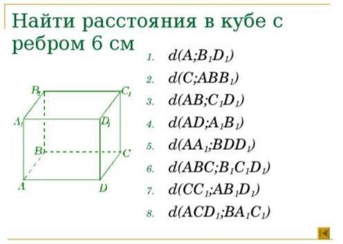 Найти расстояния в кубе с ребром 6 см a) От точки A до ребра B1D1b) От точки C до плоскости ABB1c) М