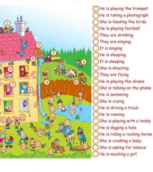 Match the sentences with PA10He is playing the trumpetHe is taking a photographO She is feeding the