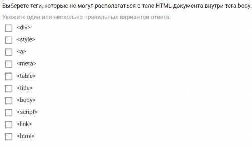 Выберете теги, которые не могут располагаться в теле HTML-документа внутри тега body.