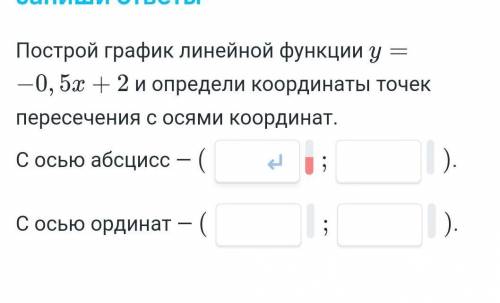 Построй график линейной функции у —0, 5х + 2 и определи координаты точекпересечения с осями координа