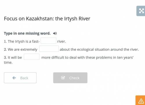 Type in one missing word. 1. The Irtysh is a fast-river.2. We are extremely about the ecological sit