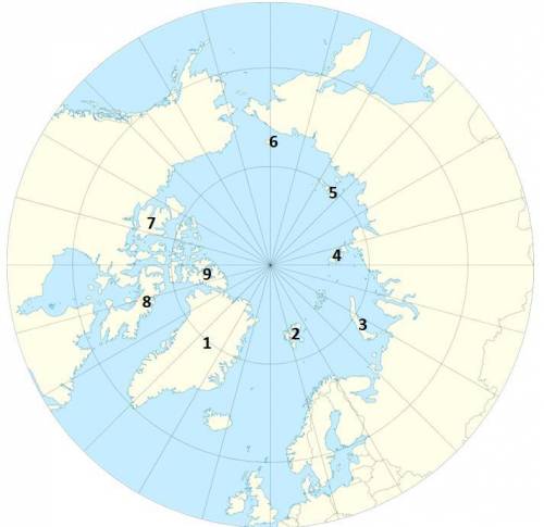 Какие острова Северного Ледовитого океана отмечены на карте. Укажите цифру и название острова.
