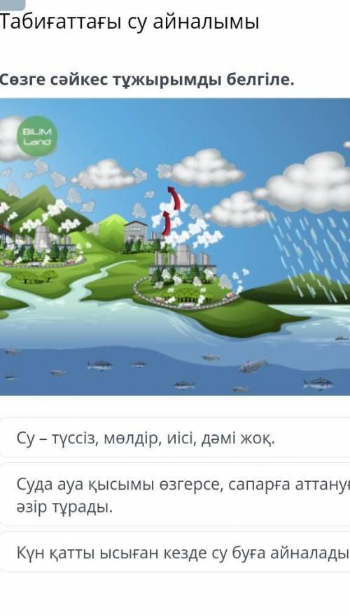 Сөзге сәйкес тұжырымды белгіле. Су – түссіз, мөлдір, иісі, дәмі жоқ.Суда ауа қысымы өзгерсе, сапарға