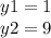 y1 = 1 \\ y2 = 9