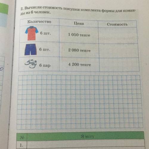 ды из 6 человек. 2. Вычисли стоимость покупки комплекта формы для коман- Количество Цена Стоимость 6