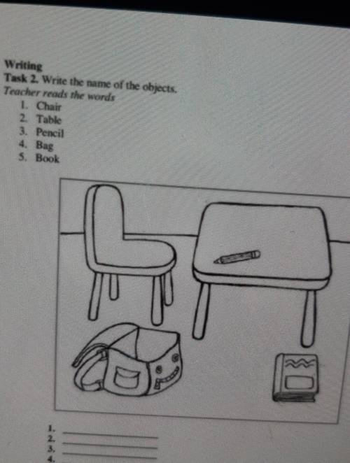 Writing Task 2 Write the name of the objects,Teacher reads the words1 Chat2 Table3. Pencil4. Bag5. B