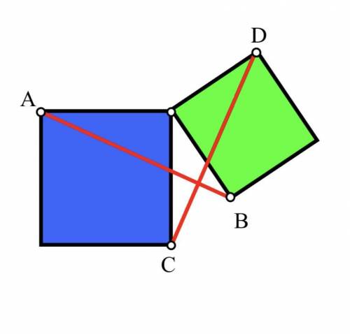 Два квадрата на рисунке имеют общую вершину. Докажите, что отрезки АВ и СD равны.